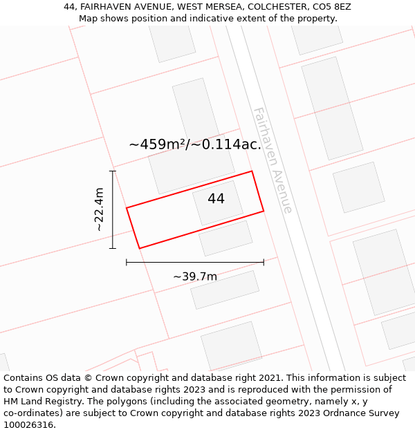 44, FAIRHAVEN AVENUE, WEST MERSEA, COLCHESTER, CO5 8EZ: Plot and title map