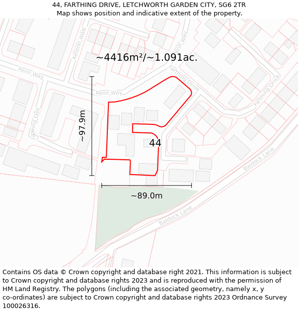 44, FARTHING DRIVE, LETCHWORTH GARDEN CITY, SG6 2TR: Plot and title map