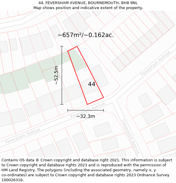 44, FEVERSHAM AVENUE, BOURNEMOUTH, BH8 9NL: Plot and title map