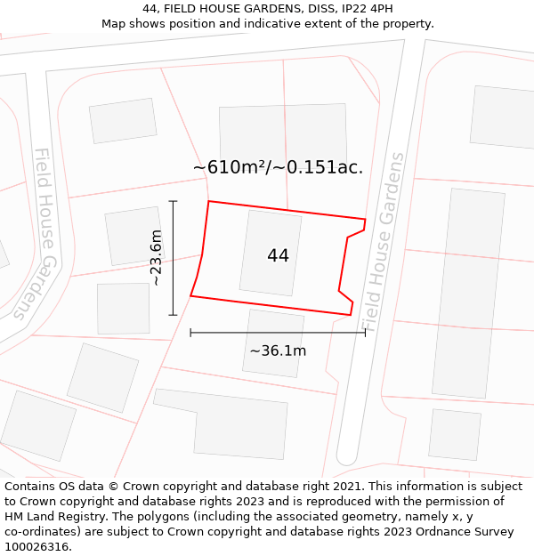 44, FIELD HOUSE GARDENS, DISS, IP22 4PH: Plot and title map