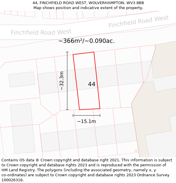 44, FINCHFIELD ROAD WEST, WOLVERHAMPTON, WV3 8BB: Plot and title map