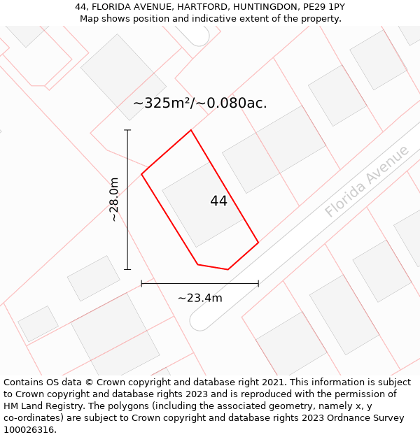 44, FLORIDA AVENUE, HARTFORD, HUNTINGDON, PE29 1PY: Plot and title map