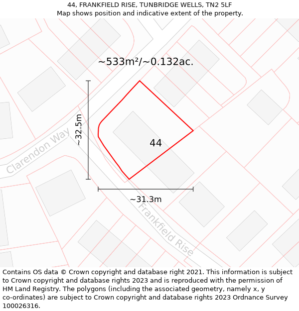 44, FRANKFIELD RISE, TUNBRIDGE WELLS, TN2 5LF: Plot and title map