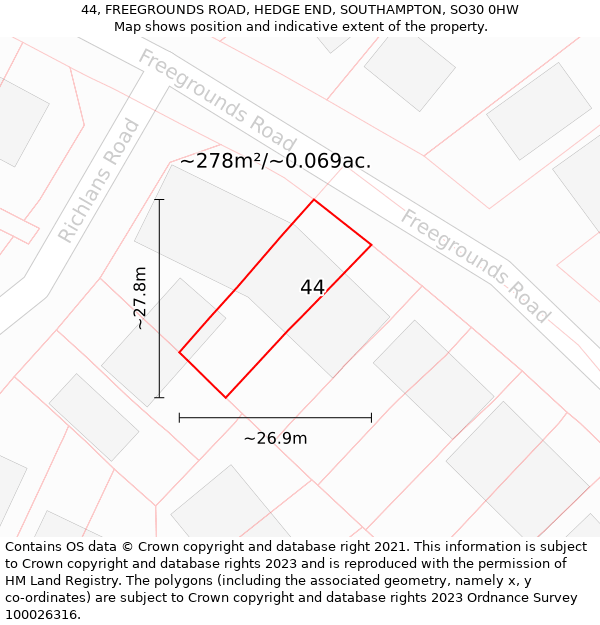 44, FREEGROUNDS ROAD, HEDGE END, SOUTHAMPTON, SO30 0HW: Plot and title map