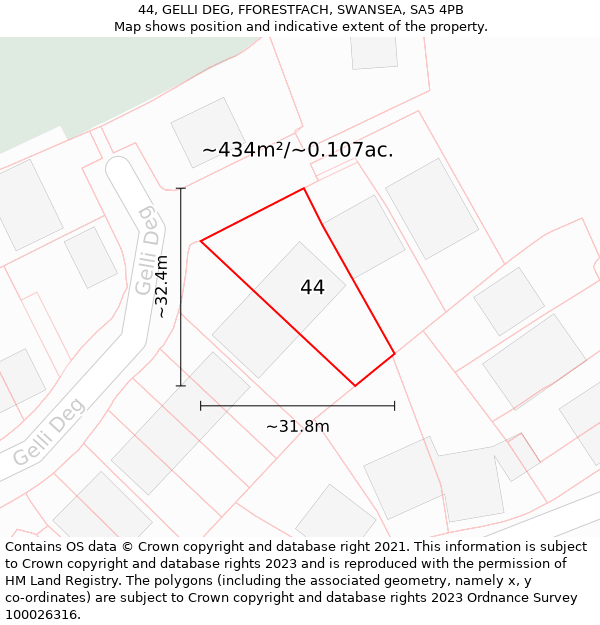 44, GELLI DEG, FFORESTFACH, SWANSEA, SA5 4PB: Plot and title map