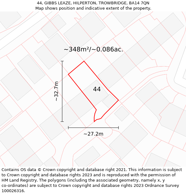 44, GIBBS LEAZE, HILPERTON, TROWBRIDGE, BA14 7QN: Plot and title map