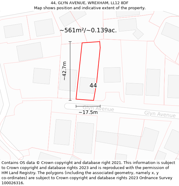 44, GLYN AVENUE, WREXHAM, LL12 8DF: Plot and title map