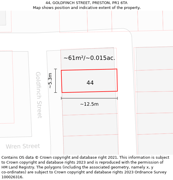 44, GOLDFINCH STREET, PRESTON, PR1 6TA: Plot and title map