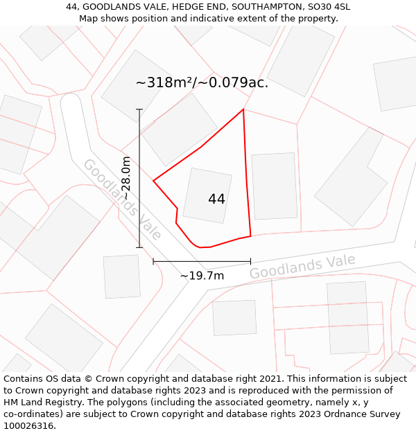 44, GOODLANDS VALE, HEDGE END, SOUTHAMPTON, SO30 4SL: Plot and title map