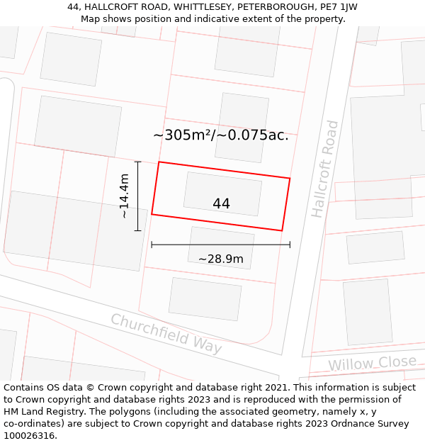 44, HALLCROFT ROAD, WHITTLESEY, PETERBOROUGH, PE7 1JW: Plot and title map