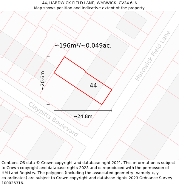 44, HARDWICK FIELD LANE, WARWICK, CV34 6LN: Plot and title map