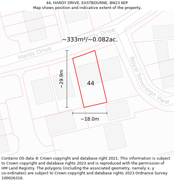 44, HARDY DRIVE, EASTBOURNE, BN23 6EP: Plot and title map