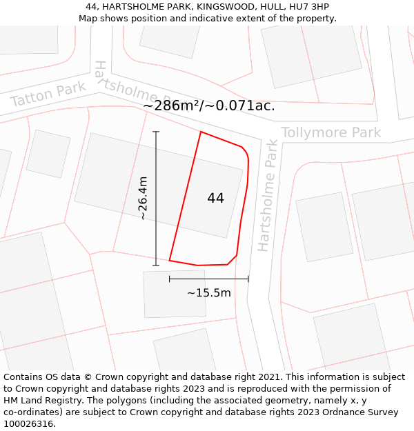 44, HARTSHOLME PARK, KINGSWOOD, HULL, HU7 3HP: Plot and title map