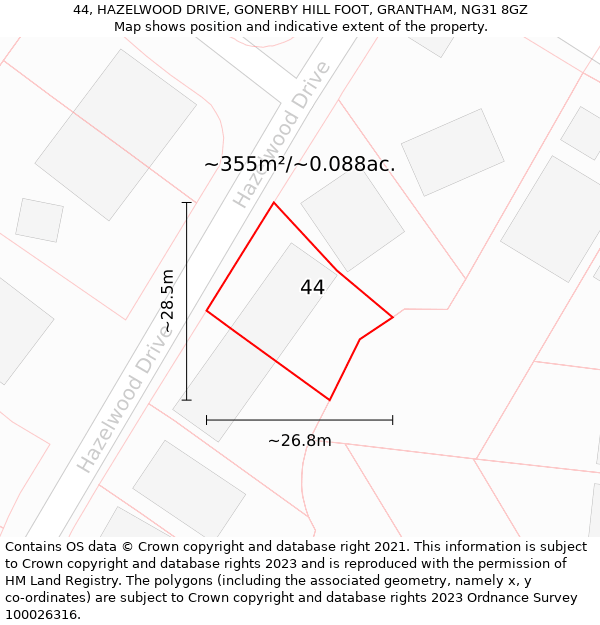 44, HAZELWOOD DRIVE, GONERBY HILL FOOT, GRANTHAM, NG31 8GZ: Plot and title map
