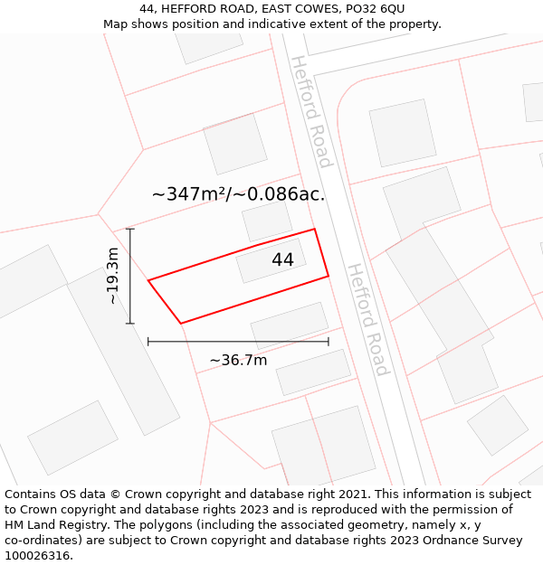 44, HEFFORD ROAD, EAST COWES, PO32 6QU: Plot and title map