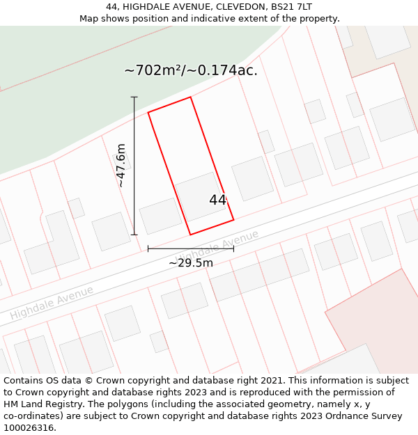 44, HIGHDALE AVENUE, CLEVEDON, BS21 7LT: Plot and title map