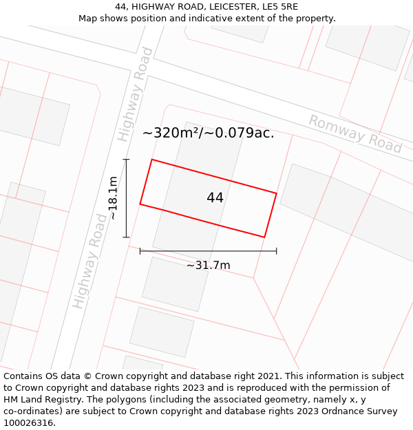 44, HIGHWAY ROAD, LEICESTER, LE5 5RE: Plot and title map