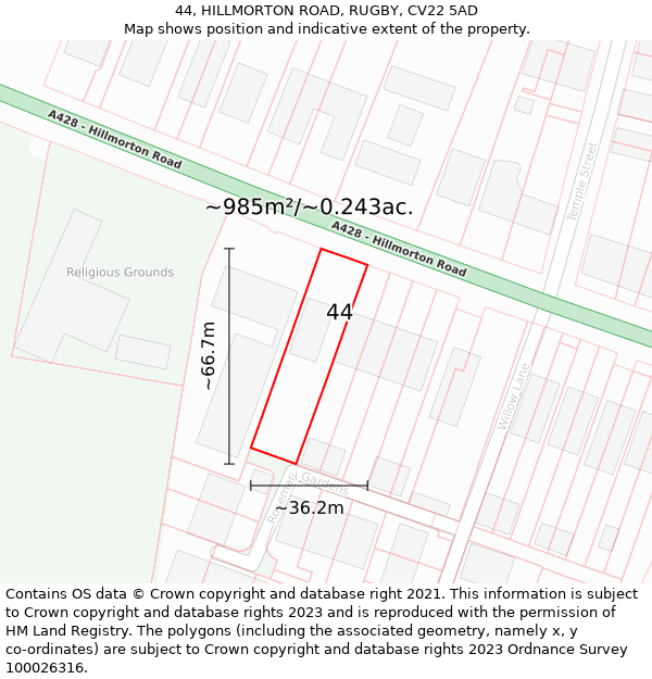 44, HILLMORTON ROAD, RUGBY, CV22 5AD: Plot and title map