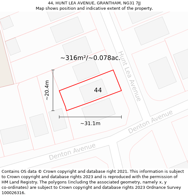 44, HUNT LEA AVENUE, GRANTHAM, NG31 7JJ: Plot and title map