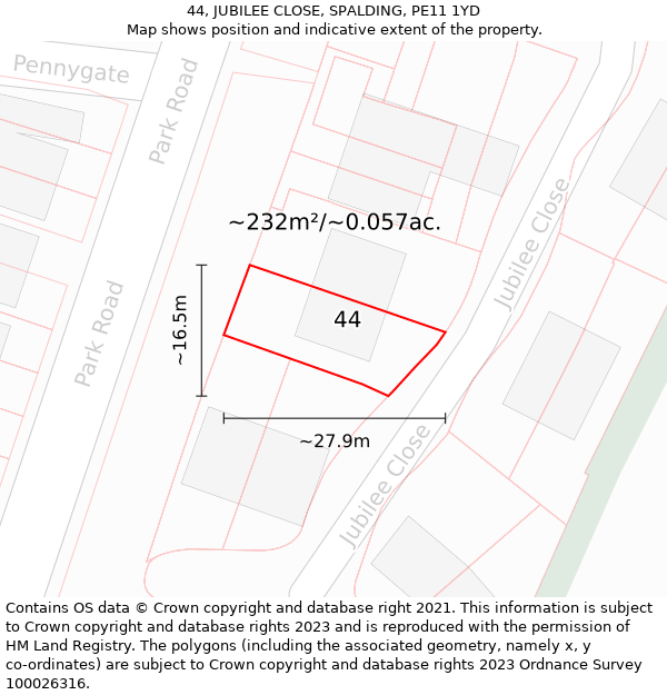 44, JUBILEE CLOSE, SPALDING, PE11 1YD: Plot and title map