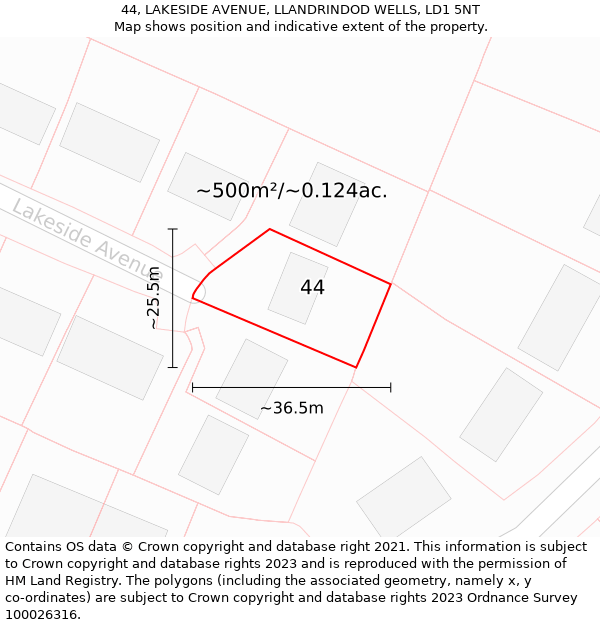 44, LAKESIDE AVENUE, LLANDRINDOD WELLS, LD1 5NT: Plot and title map