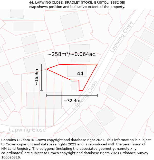44, LAPWING CLOSE, BRADLEY STOKE, BRISTOL, BS32 0BJ: Plot and title map