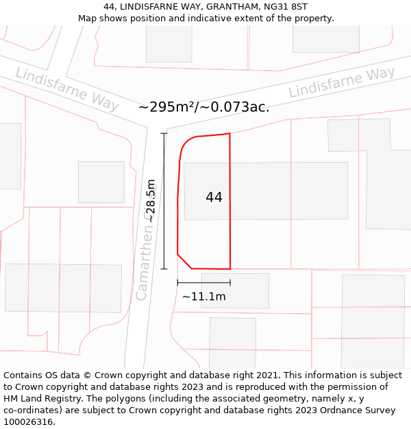 44, LINDISFARNE WAY, GRANTHAM, NG31 8ST: Plot and title map