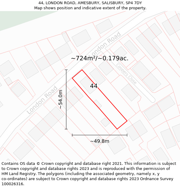 44, LONDON ROAD, AMESBURY, SALISBURY, SP4 7DY: Plot and title map