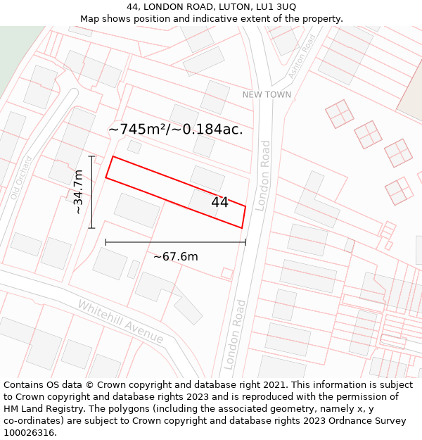 44, LONDON ROAD, LUTON, LU1 3UQ: Plot and title map