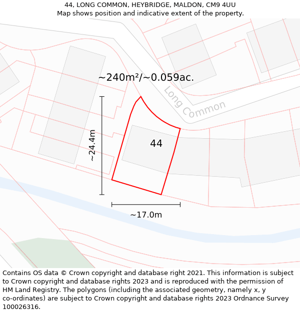 44, LONG COMMON, HEYBRIDGE, MALDON, CM9 4UU: Plot and title map