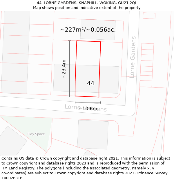 44, LORNE GARDENS, KNAPHILL, WOKING, GU21 2QL: Plot and title map