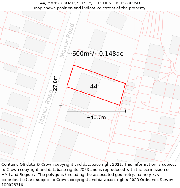 44, MANOR ROAD, SELSEY, CHICHESTER, PO20 0SD: Plot and title map