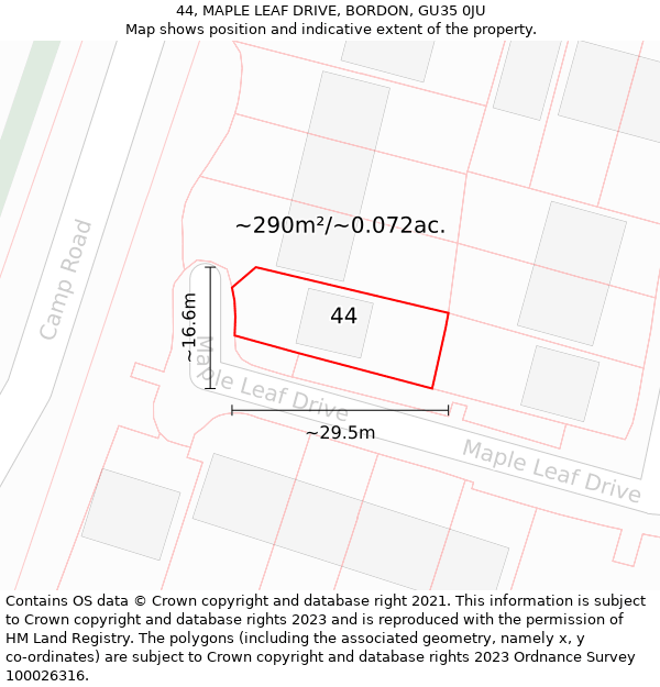 44, MAPLE LEAF DRIVE, BORDON, GU35 0JU: Plot and title map