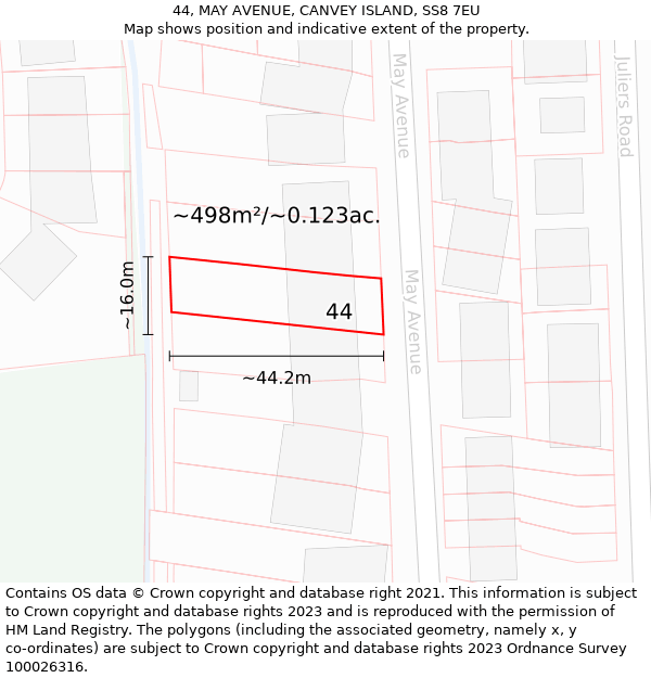 44, MAY AVENUE, CANVEY ISLAND, SS8 7EU: Plot and title map