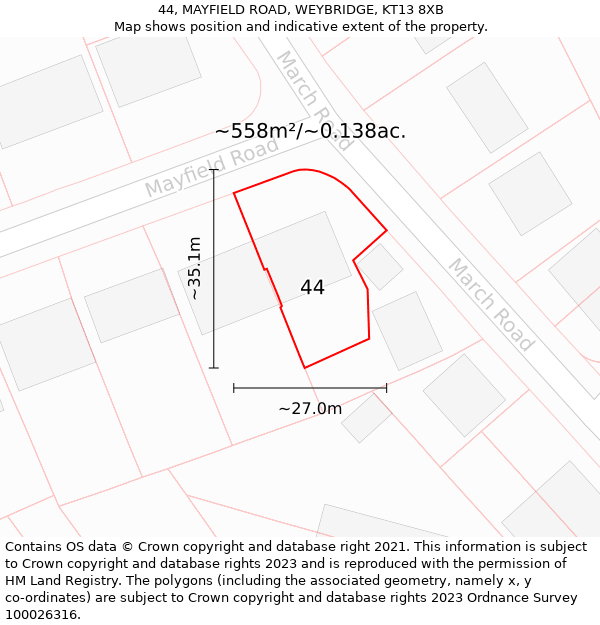 44, MAYFIELD ROAD, WEYBRIDGE, KT13 8XB: Plot and title map