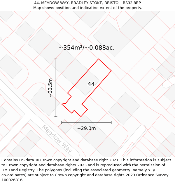 44, MEADOW WAY, BRADLEY STOKE, BRISTOL, BS32 8BP: Plot and title map