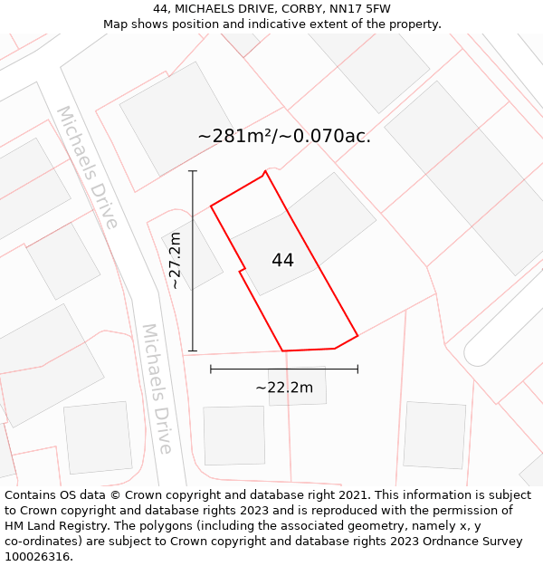 44, MICHAELS DRIVE, CORBY, NN17 5FW: Plot and title map
