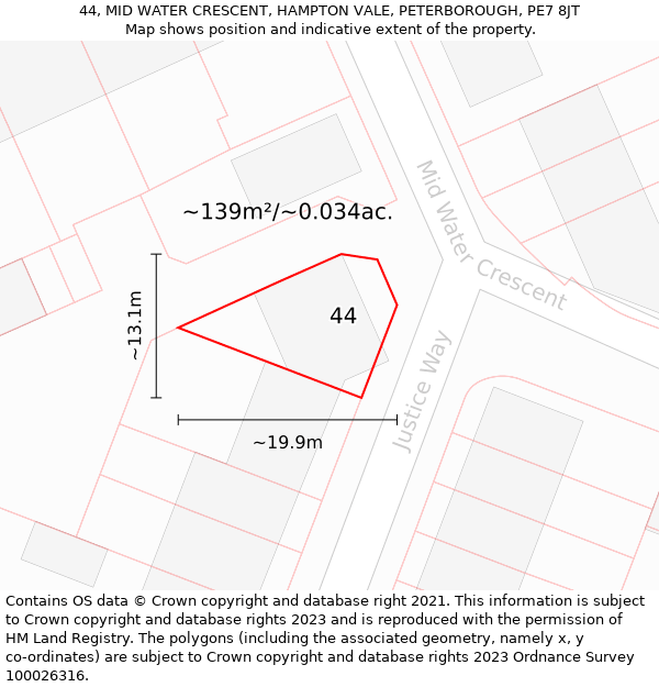 44, MID WATER CRESCENT, HAMPTON VALE, PETERBOROUGH, PE7 8JT: Plot and title map