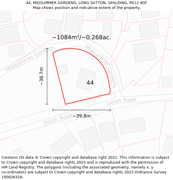 44, MIDSUMMER GARDENS, LONG SUTTON, SPALDING, PE12 9GF: Plot and title map