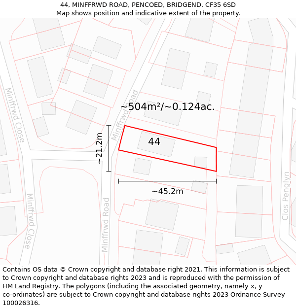 44, MINFFRWD ROAD, PENCOED, BRIDGEND, CF35 6SD: Plot and title map