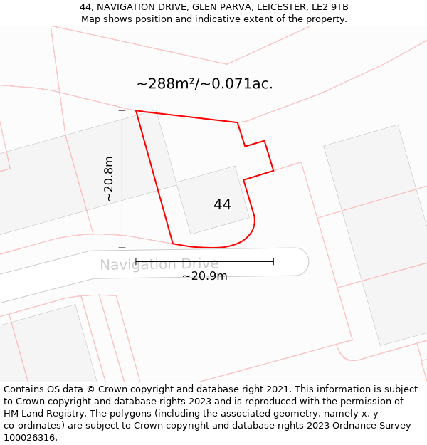 44, NAVIGATION DRIVE, GLEN PARVA, LEICESTER, LE2 9TB: Plot and title map