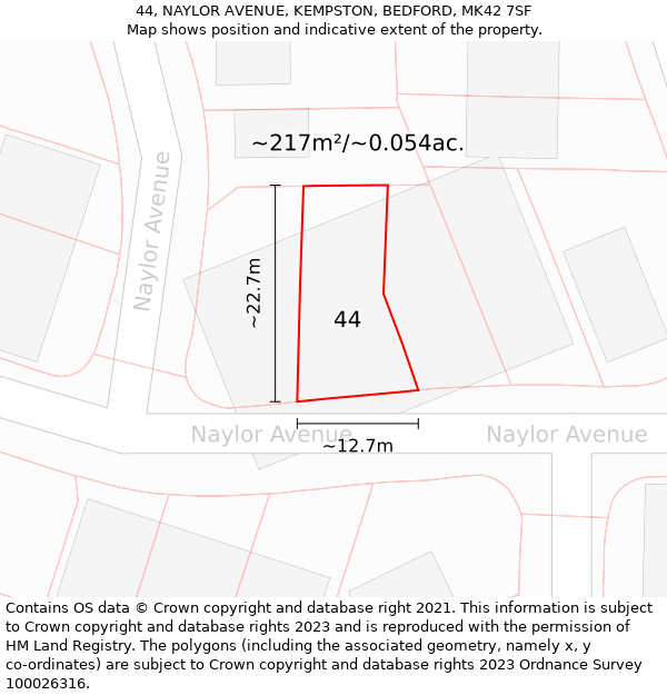 44, NAYLOR AVENUE, KEMPSTON, BEDFORD, MK42 7SF: Plot and title map