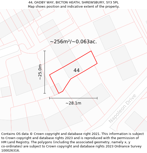 44, OADBY WAY, BICTON HEATH, SHREWSBURY, SY3 5PL: Plot and title map