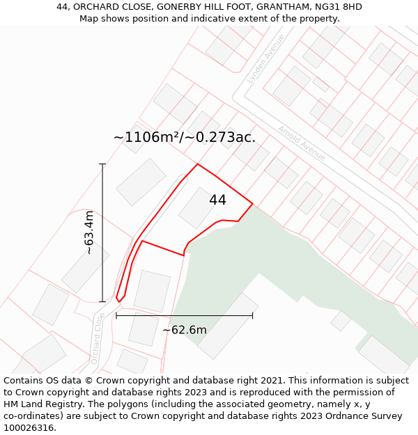 44, ORCHARD CLOSE, GONERBY HILL FOOT, GRANTHAM, NG31 8HD: Plot and title map