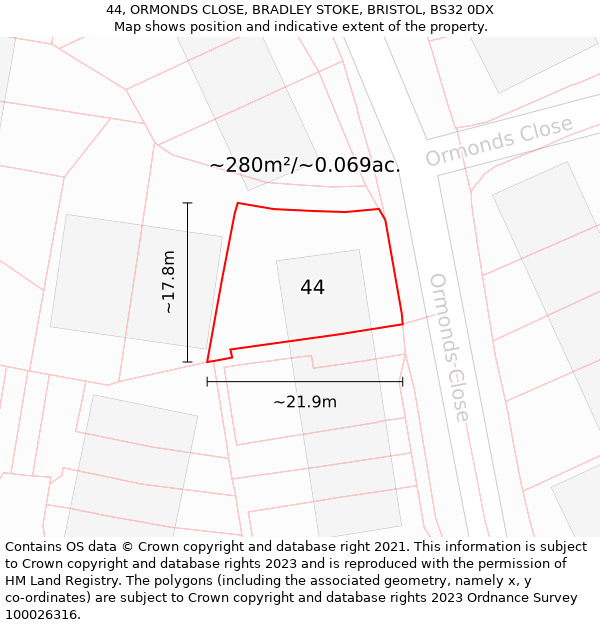 44, ORMONDS CLOSE, BRADLEY STOKE, BRISTOL, BS32 0DX: Plot and title map