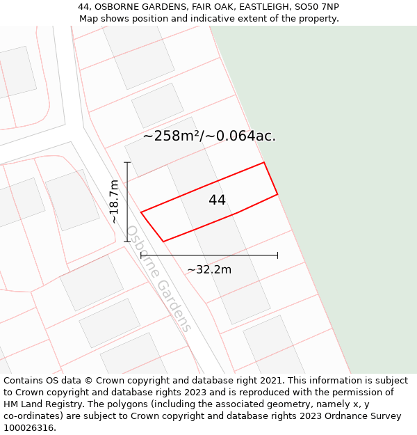 44, OSBORNE GARDENS, FAIR OAK, EASTLEIGH, SO50 7NP: Plot and title map