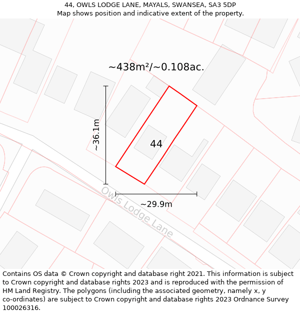 44, OWLS LODGE LANE, MAYALS, SWANSEA, SA3 5DP: Plot and title map