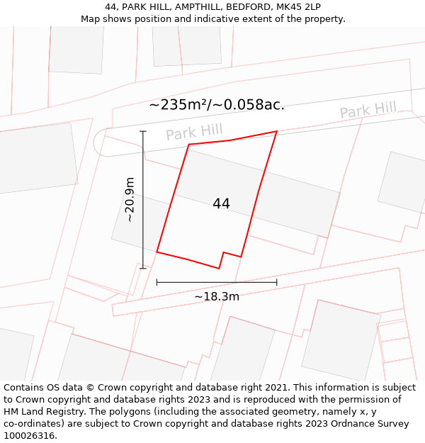 44, PARK HILL, AMPTHILL, BEDFORD, MK45 2LP: Plot and title map