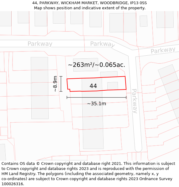 44, PARKWAY, WICKHAM MARKET, WOODBRIDGE, IP13 0SS: Plot and title map