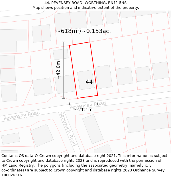 44, PEVENSEY ROAD, WORTHING, BN11 5NS: Plot and title map